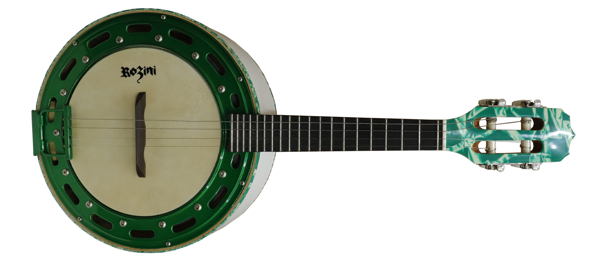 BANJO COLOR LUXO ELETRIFICADO PASSIVO BRANCO E VERDE METÁLICO | RJ13.EL.BVD - Banjos | Rozini Instrumentos Musicais | 100% Brasileira
